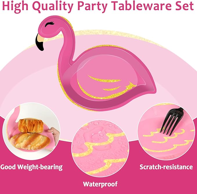 50 Count Hawaiian Luau Party Paper Plates Flamingo Shaped Disposable