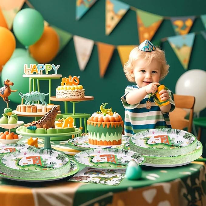 96Pcs Dinosaur 1st Birthday Decorations Cartoon Dinosaurs Plates and