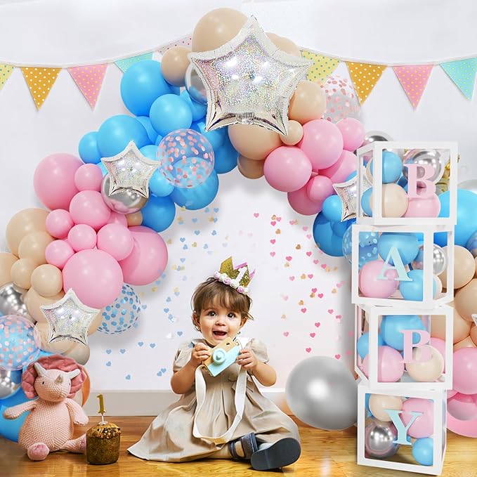164PCS Baby Boxes Gender Reveal Balloon Decorations Pink and Blue