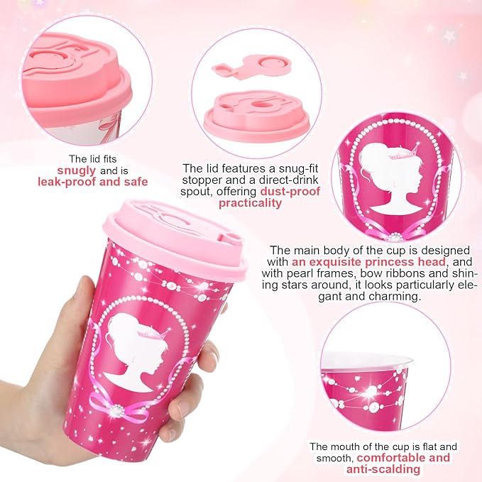 36 Sets Pink Princess Party Favors Goodie Cups with Lids and Straws