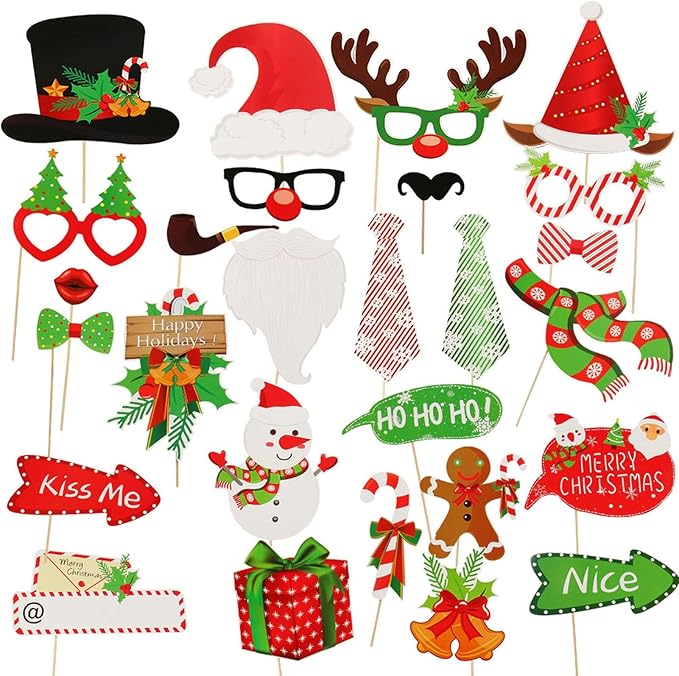 28 PCS Christmas Photo Booth Props Christmas Party Supplies Selfie