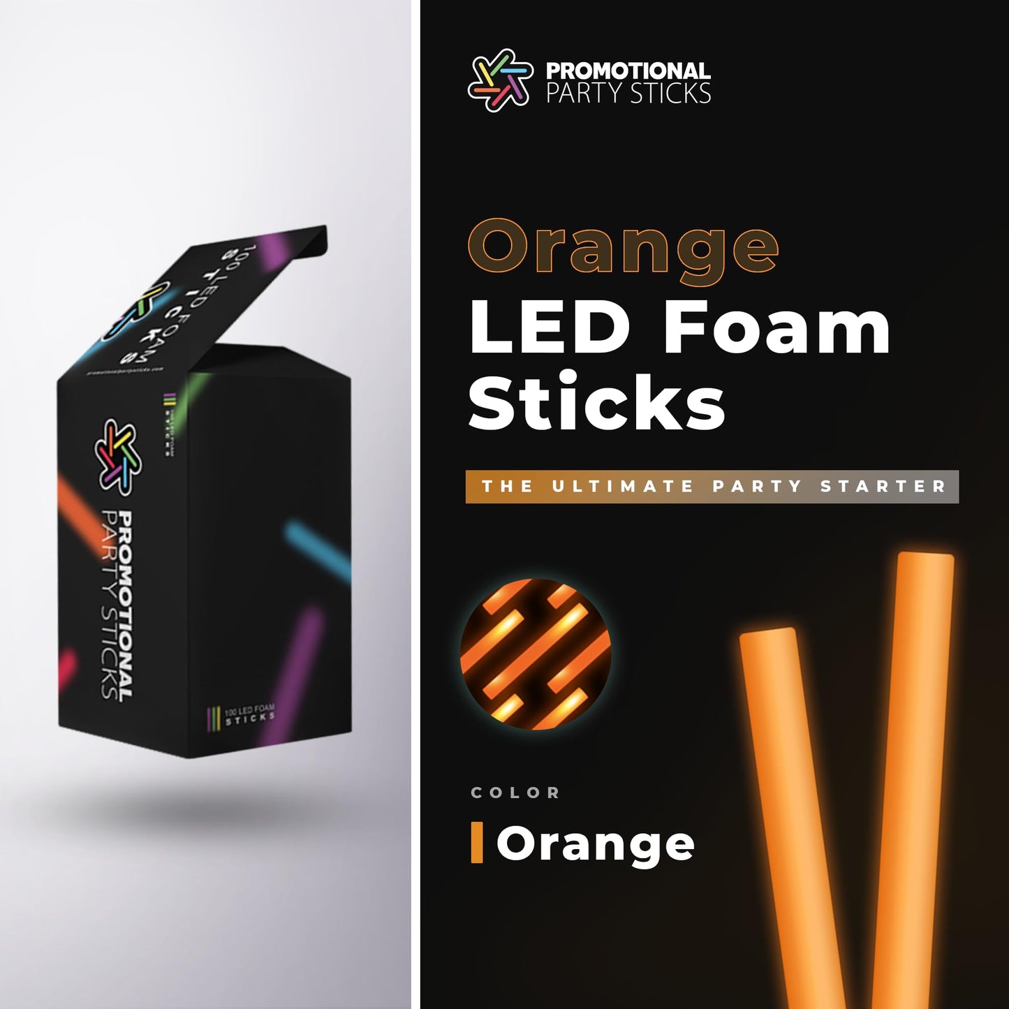 Promotional Party Sticks 100 Orange Foam Glow Sticks - 16" Light Up