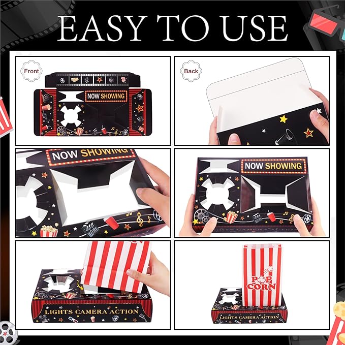 39PCS Movie Night Snack Trays with Popcorn Bags, Disposable Paper