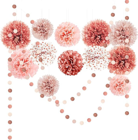 Rose Gold Wedding Decorations 15 PCS Tissue Paper Pom Poms for
