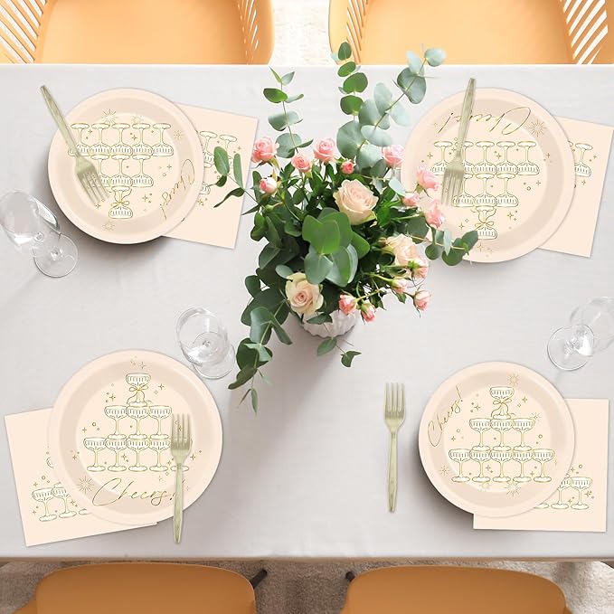 96PCS Champagne Tower Birthday Paper Plates Napkins Bachelorette