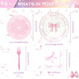 CANREVEL 96 PCS Bow Party Plates Serve 24, Bow Plates and Napkins