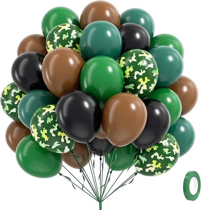 60pcs 12inch Camo Balloons, Green and Brown balloons with Dark Green