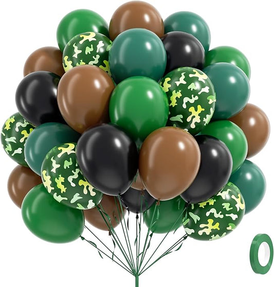 60pcs 12inch Camo Balloons, Green and Brown balloons with Dark Green