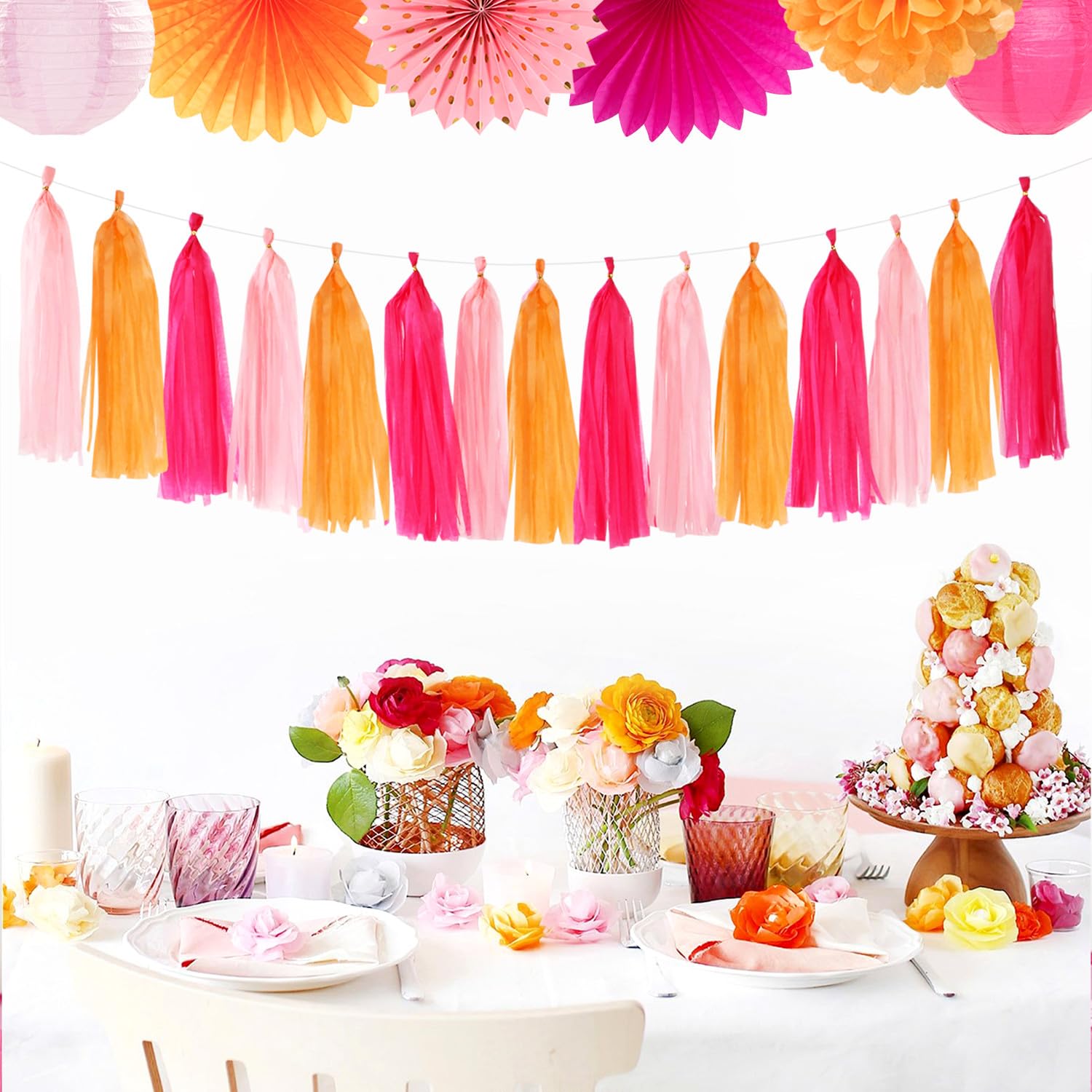 Hot-Pink Orange Fall Party-Decorations Tassel-Garland - 15pcs Groovy