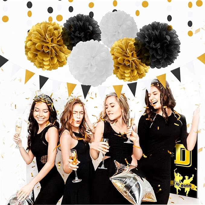 Black Gold Graduation Party Decorations 23pcs Kits Farewell Tissue