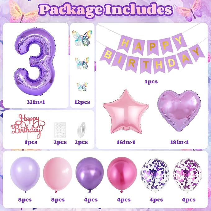 3rd Birthday Decoration for Girls,Pink Purple 3rd Birthday Balloon