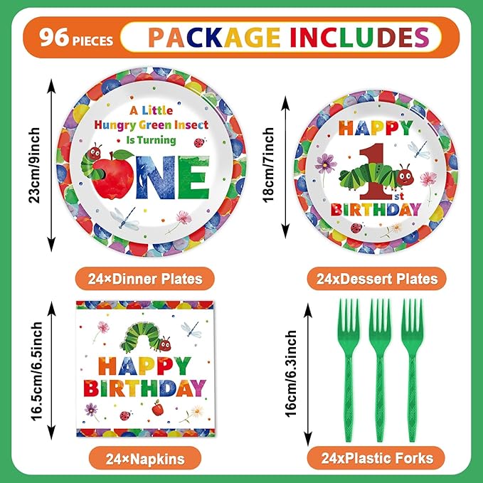 96Pcs Caterpillar 1st Birthday Party Plates and Napkins Hungry