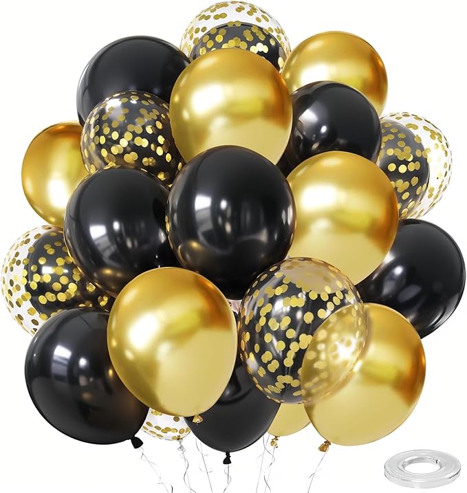 Zesliwy Black and Gold Confetti Balloons, 50 Pack Gold Metallic and