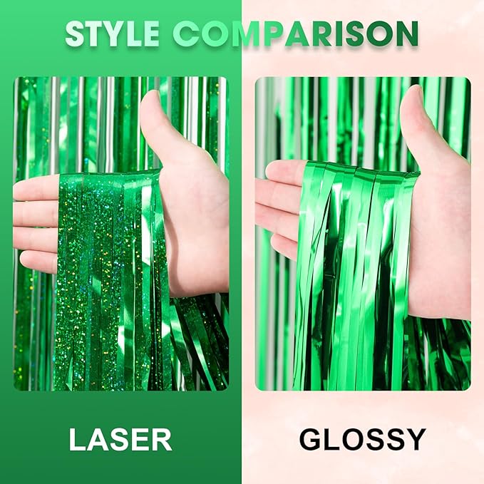 Voircoloria 3 Pack 3.3 x 8.2 ft Laser Green Foil Fringe Backdrop