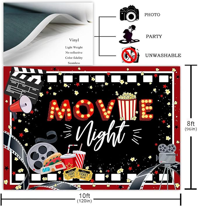 Movie Night Party Backdrop Black and Red Movie Theme