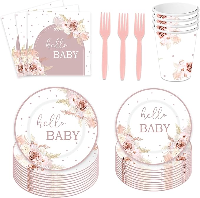120PCS Boho Baby Shower Party Plates and Napkins Cups Hello Baby