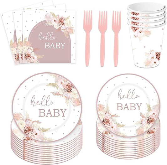 120PCS Boho Baby Shower Party Plates and Napkins Cups Hello Baby
