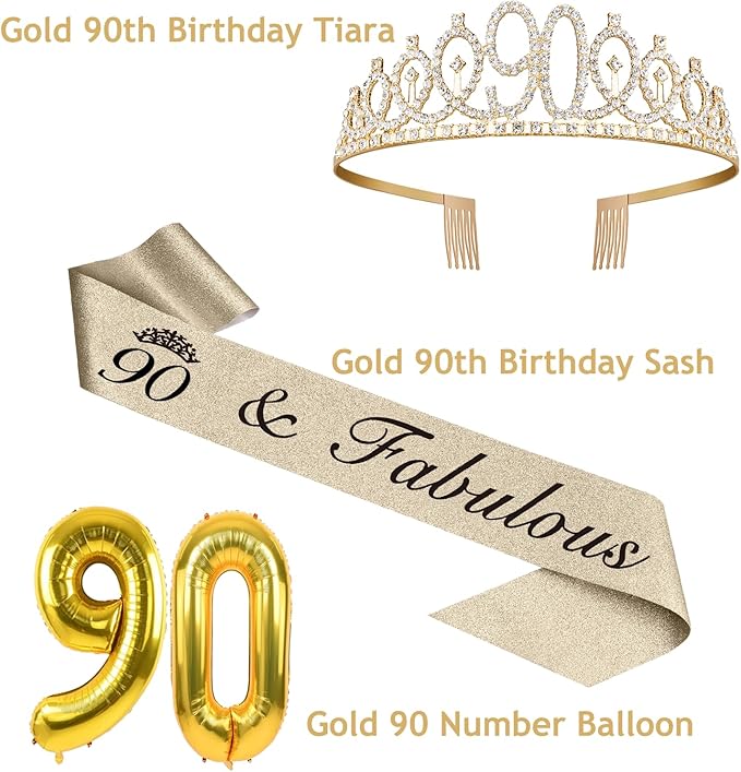 90th Birthday Decorations for Women Gold with 90th Birthday Sash and