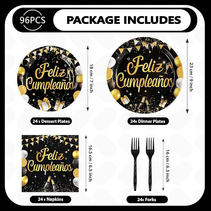 96Pcs Black and Gold Birthday Party Supplies Feliz Cumpleaños Gold