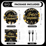 96Pcs Black and Gold Birthday Party Supplies Feliz Cumpleaños Gold