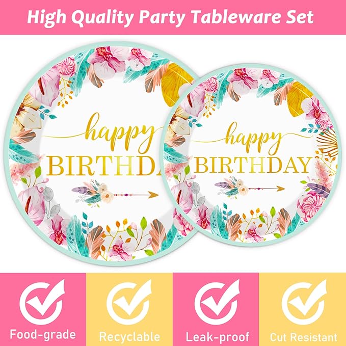 96 Pieces Happy Birthday Party Plates Napkins Boho Decorations Gold