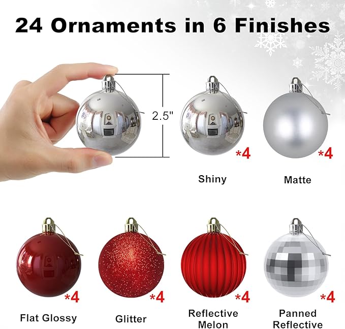 GameXcel 24Pcs Christmas Balls Ornaments for Xmas Tree - Shatterproof