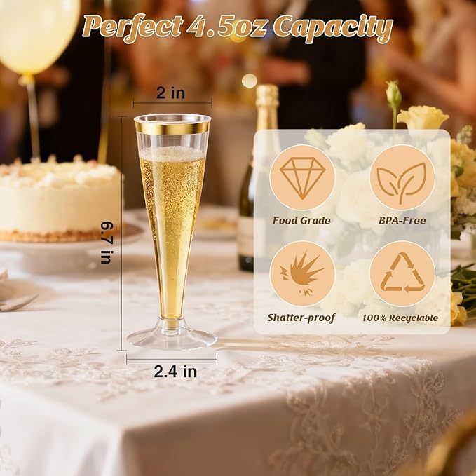 200 Pack Champagne Flutes Plastic Wine Glasses Disposable, 4.5 Oz