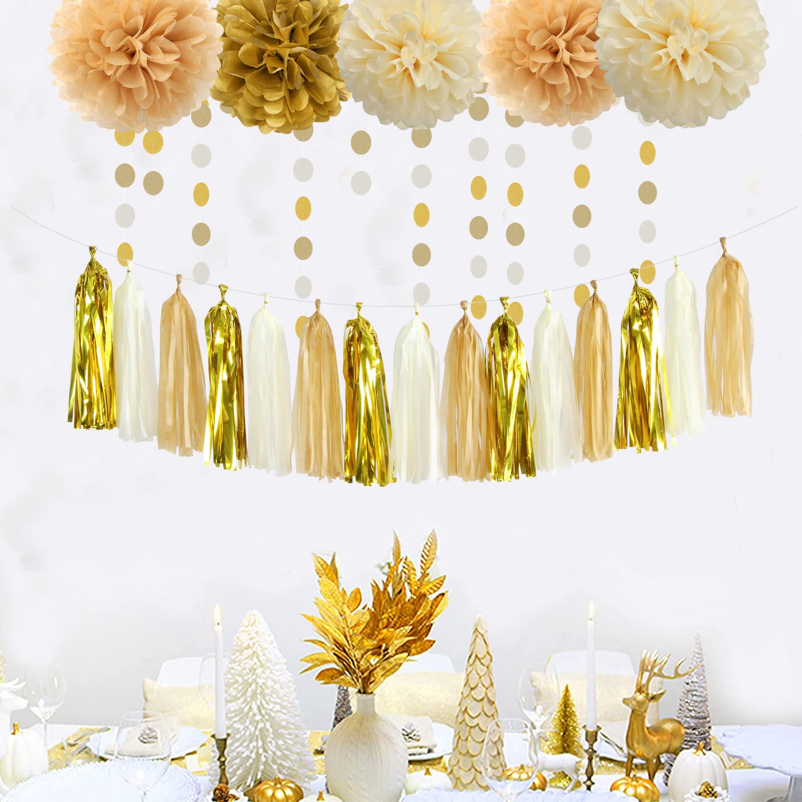 White Gold Champagne Party Decorations - 23pcs Tissue Pom Poms