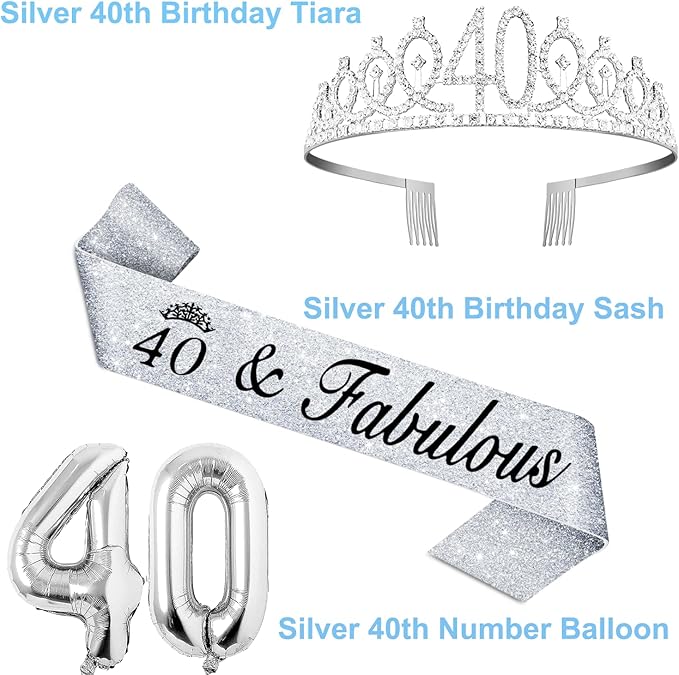 40th Birthday Decorations Women Silver with 40th Birthday Sash and