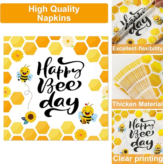 100 Pcs Bee 1st Birthday Party Supplies Paper Plates and Napkins Set