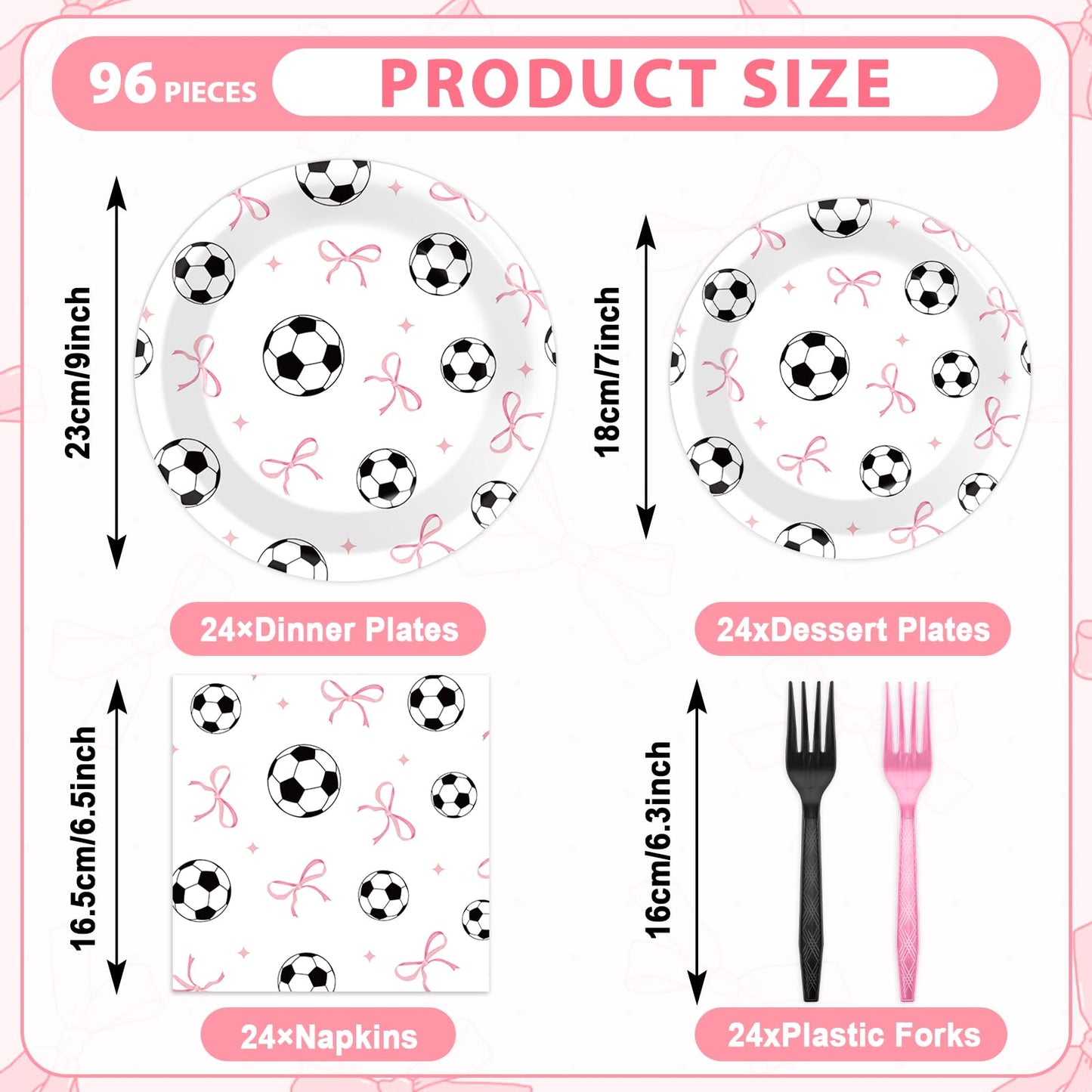 96PCS Soccer and Bow Party Paper Plates and Napkins for Sports Themed