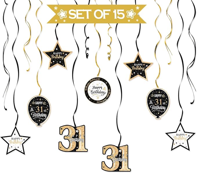 Happy 31st Birthday Black & Gold Balloon Set 31st Birthday Swirls