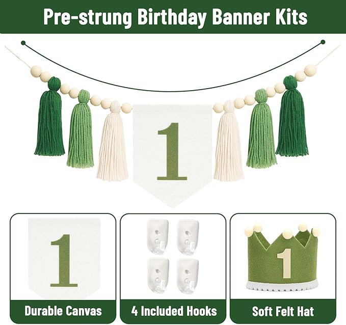 Wild One High Chair Banner Green Baby 1st Birthday Outfit Boy
