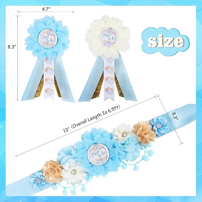 Boho Baby Shower Maternity Sash Kit - Blue Neutral Baby Shower Belly