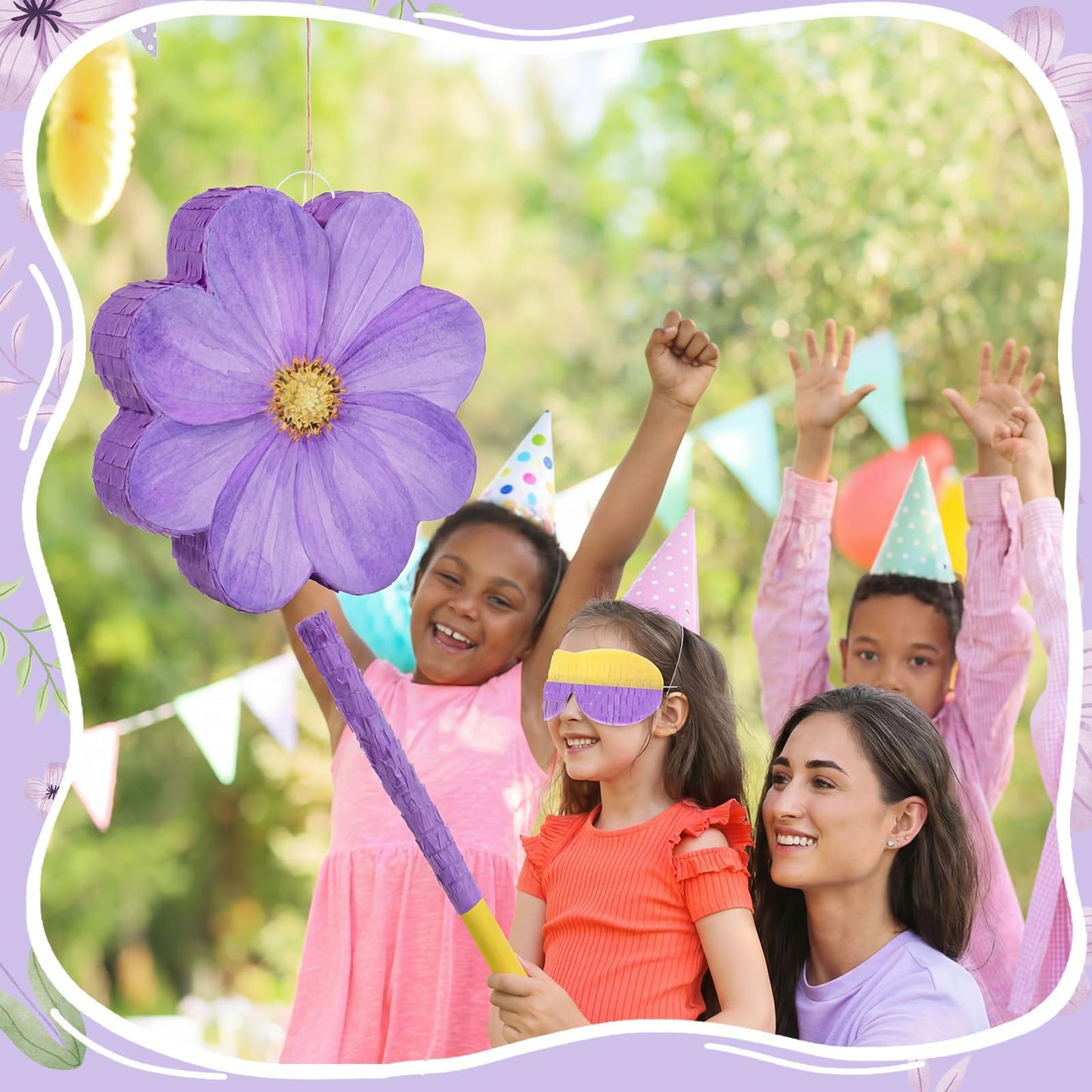 Aoriher Daisy Flower Piñata Set with Blindfold and Bat Purple Flower