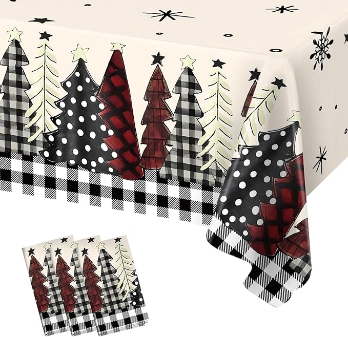 3PCS Christmas Tablecloth Black Buffalo Plaid Plastic Tablecloths