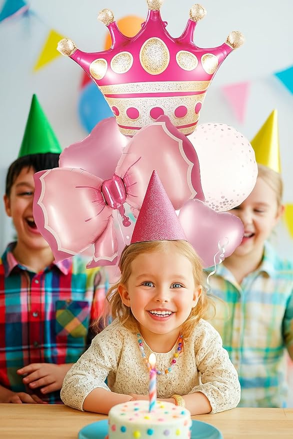Princess Crown and Hearts Foil Balloon Bouquet Pink 5 Piece Party