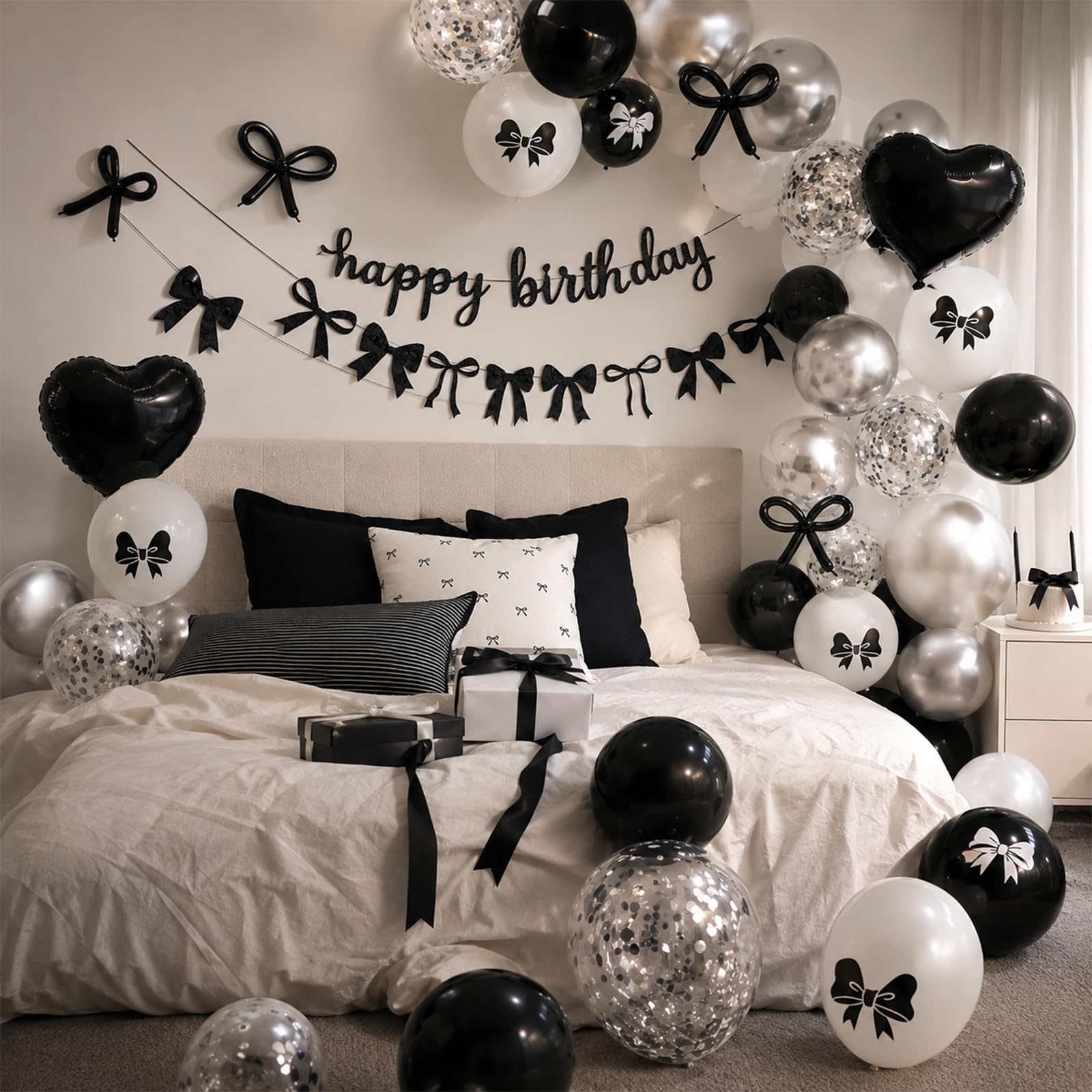 Black Silver White Bow Birthday Decorations, Coquette Party Decor with