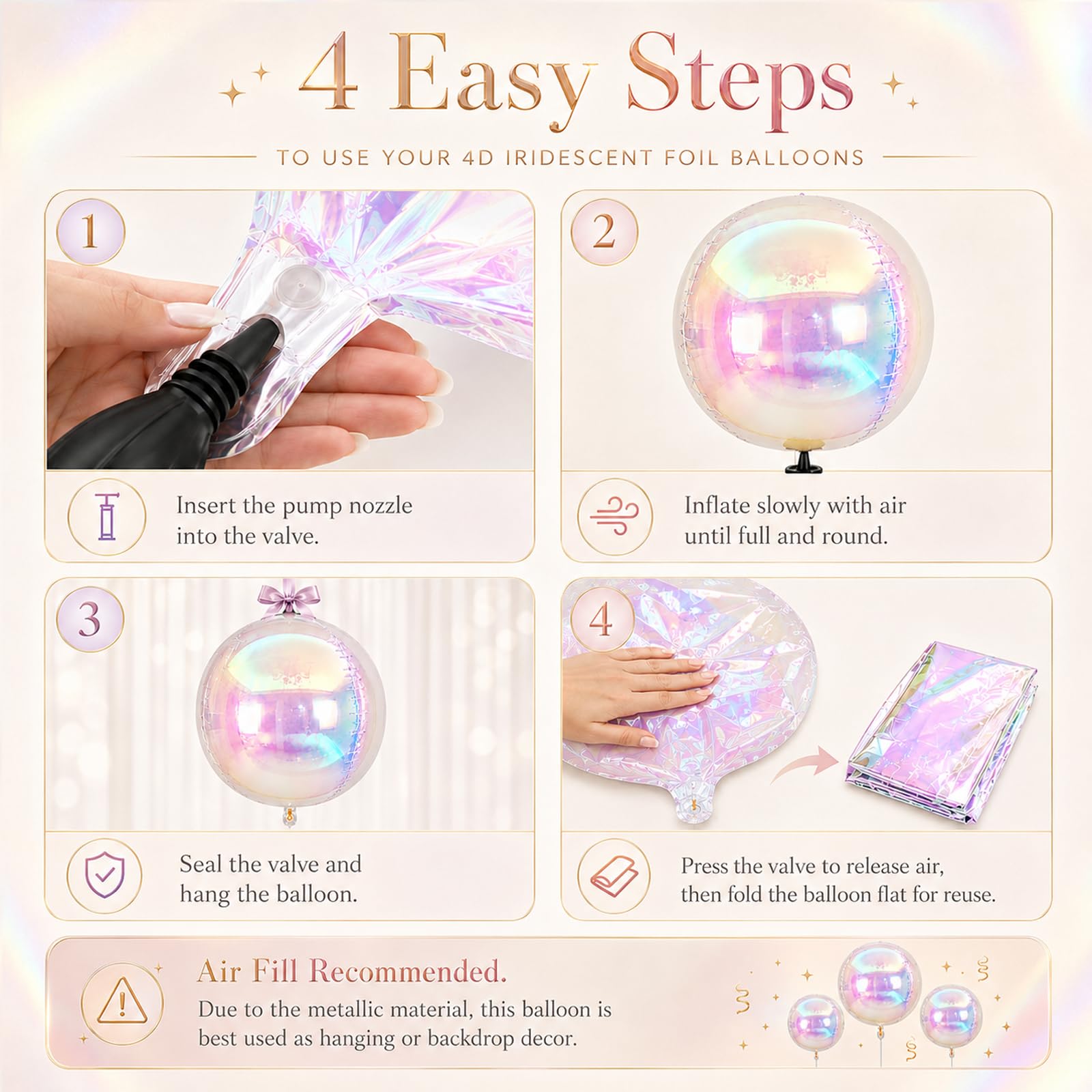 12 Pcs Iridescent 4D Round Foil Balloons, 22'' 15'' 10'' Holographic