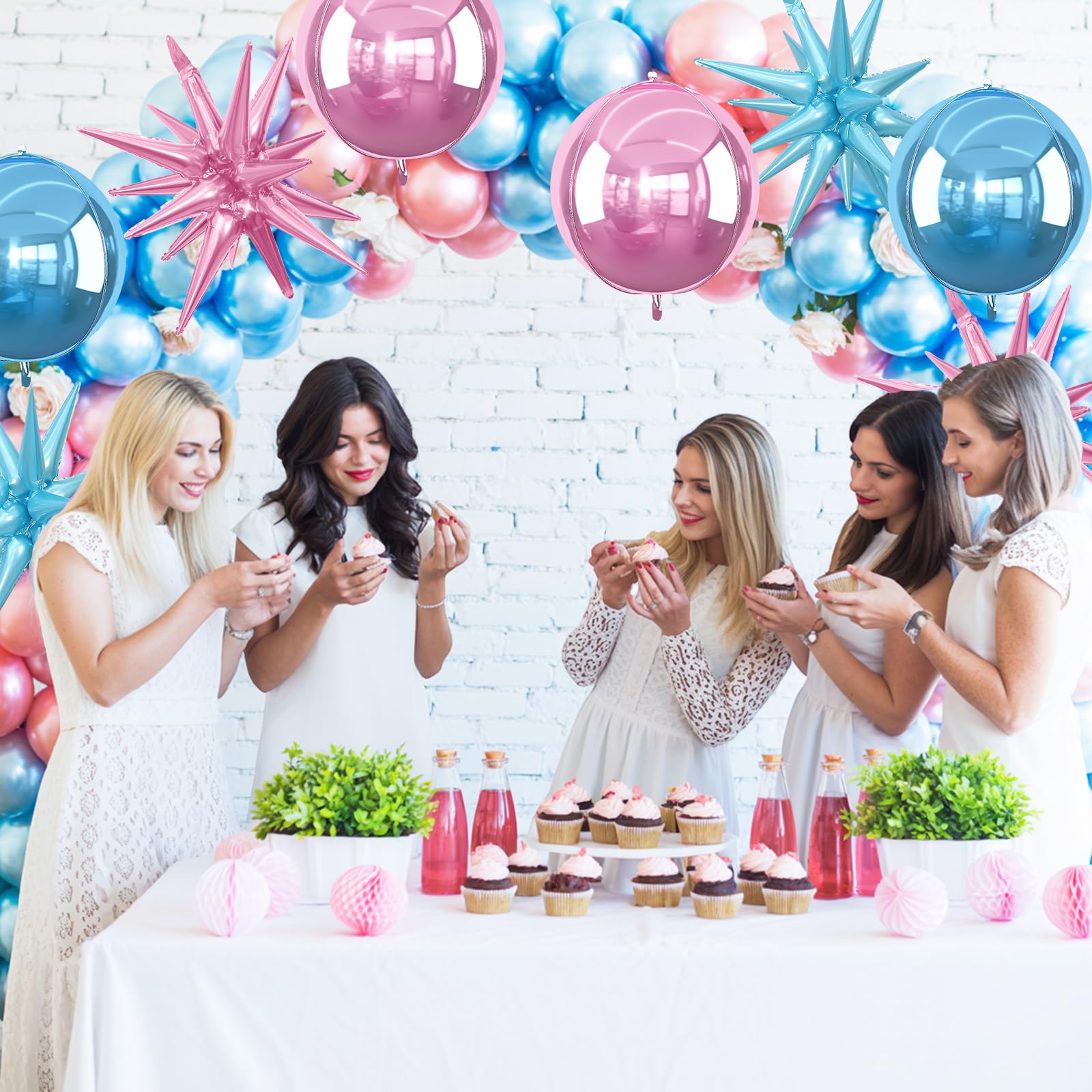 6Pcs Pink Blue Foil Balloons,22Inch Blue Pink 4D Round Ball Balloon