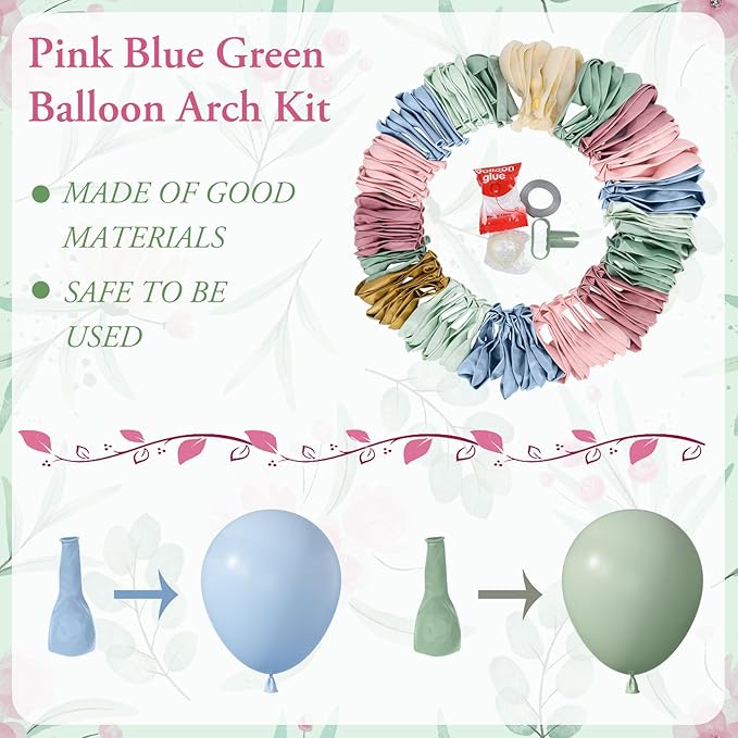 Amandir 173Pcs Pink Blue Green Balloon Arch Garland Kit, Dusty Baby
