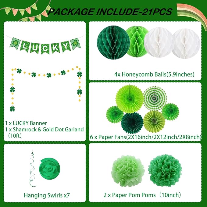 Lucky St Patrick's Day Decorations Set 21Pcs Green Shamrock Party