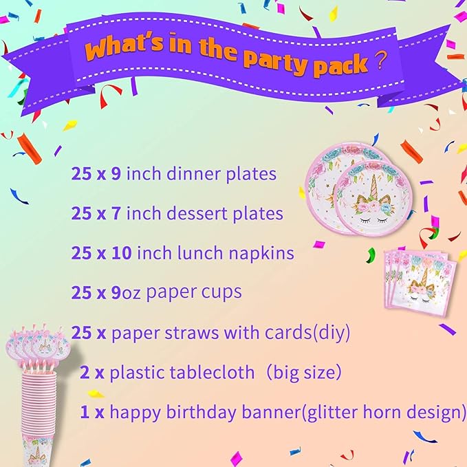 Rainbow Unicorn Party Supplies Set Serves 25 Including Unicorn