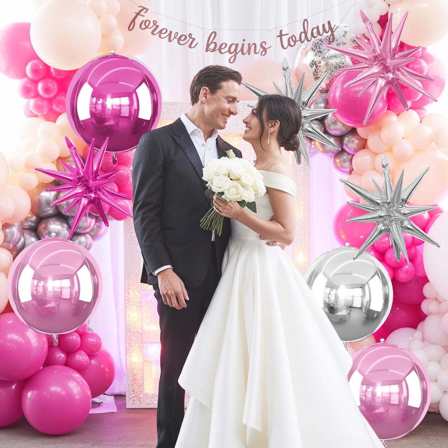 6Pcs Pink Silver Foil Balloons,22Inch Hot Pink Silver 4D Round Ball