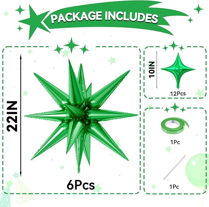 18 Pcs Green Star Balloons, Green Balloon with 6 Pcs 22-Inch