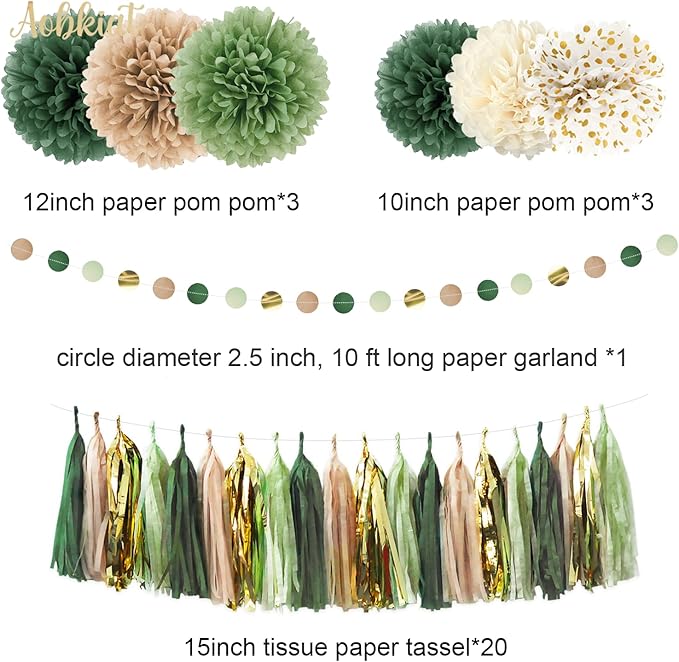 AOBKIAT Sage Green Wedding Party Decorations,28 PCS Tissue Paper Pom