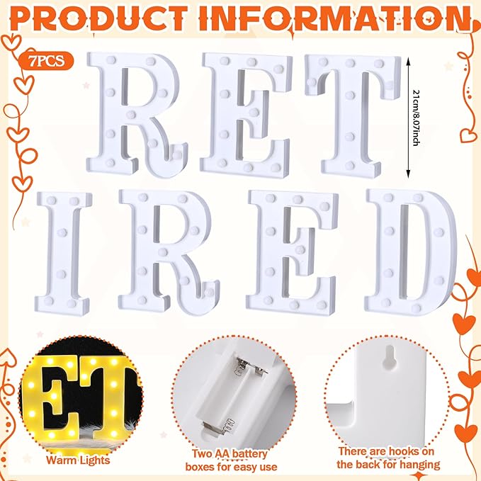 7 Pcs Retired Large LED Letter Sign LED Lights Battery Powered Table