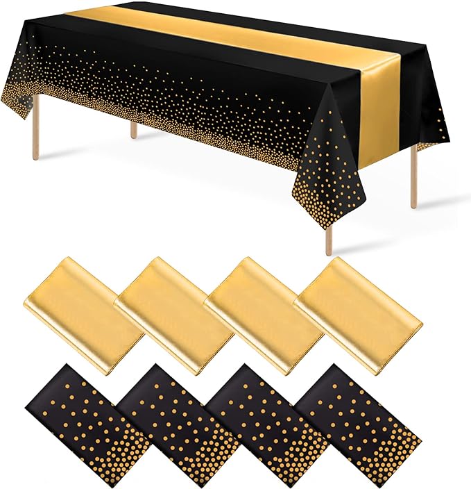 8Pack Disposable Plastic Tablecloths and Satin Table Runner Set Black