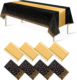 8Pack Disposable Plastic Tablecloths and Satin Table Runner Set Black