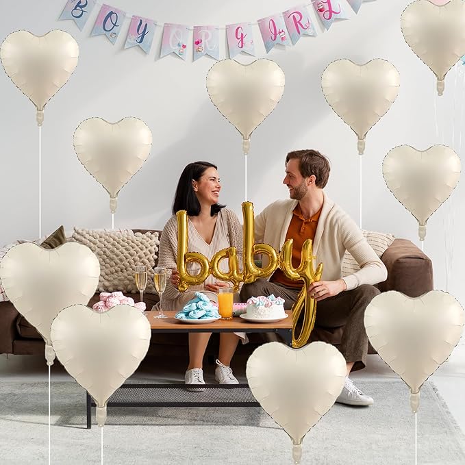 Cream Heart Balloons, 18 Inch Cream Heart Foil Balloons, 12Pcs Boho
